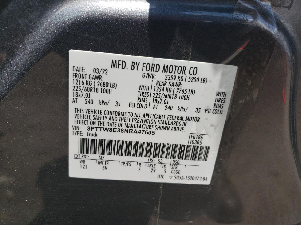 2022 Ford Maverick Xl VIN: 3FTTW8E38NRA47605 Lot: 63052655