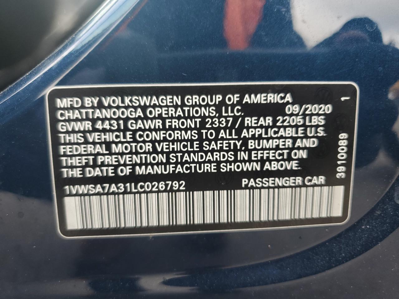 2020 Volkswagen Passat Se VIN: 1VWSA7A31LC026792 Lot: 64956205