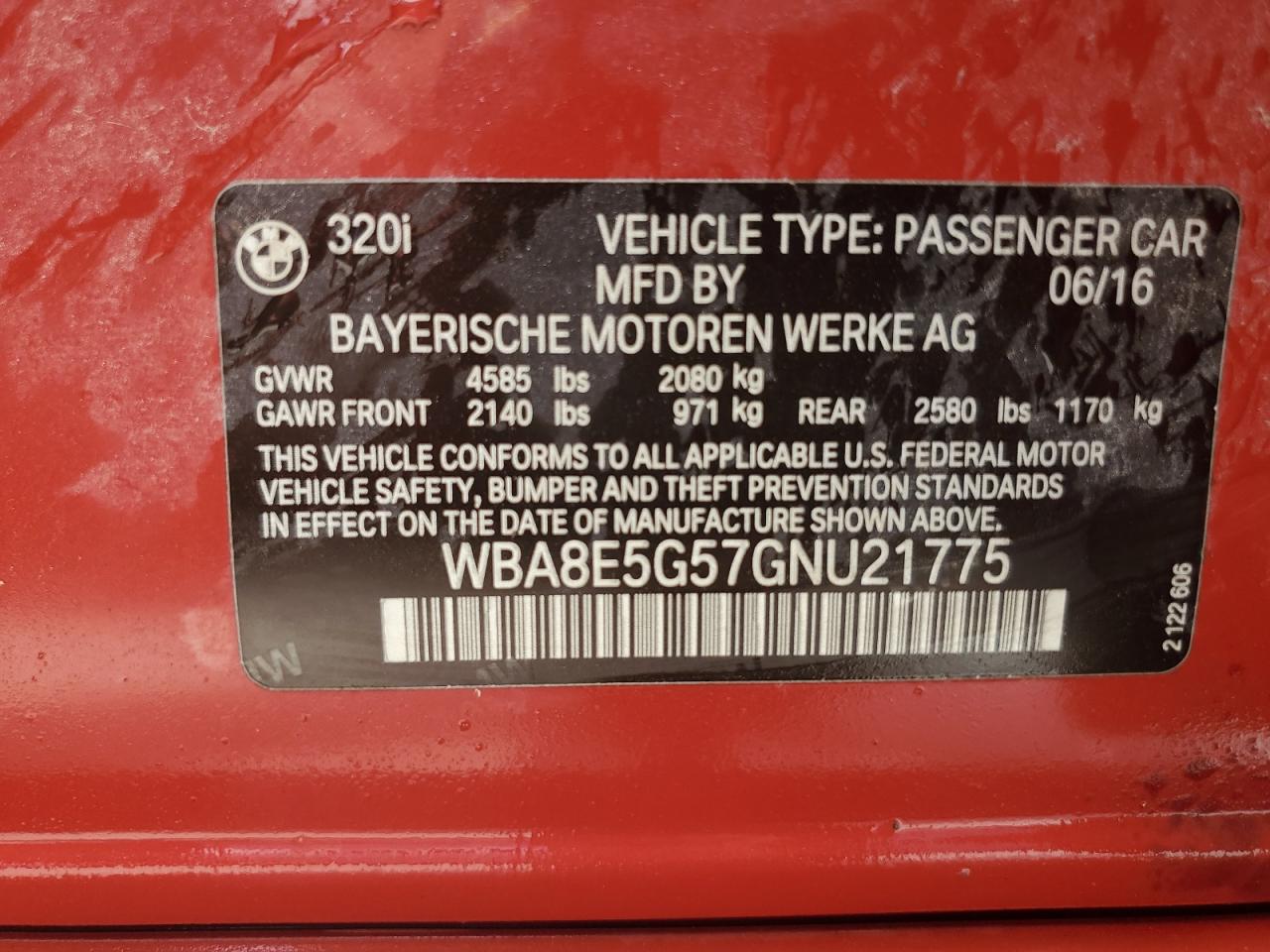 2016 BMW 320 Xi VIN: WBA8E5G57GNU21775 Lot: 66465085