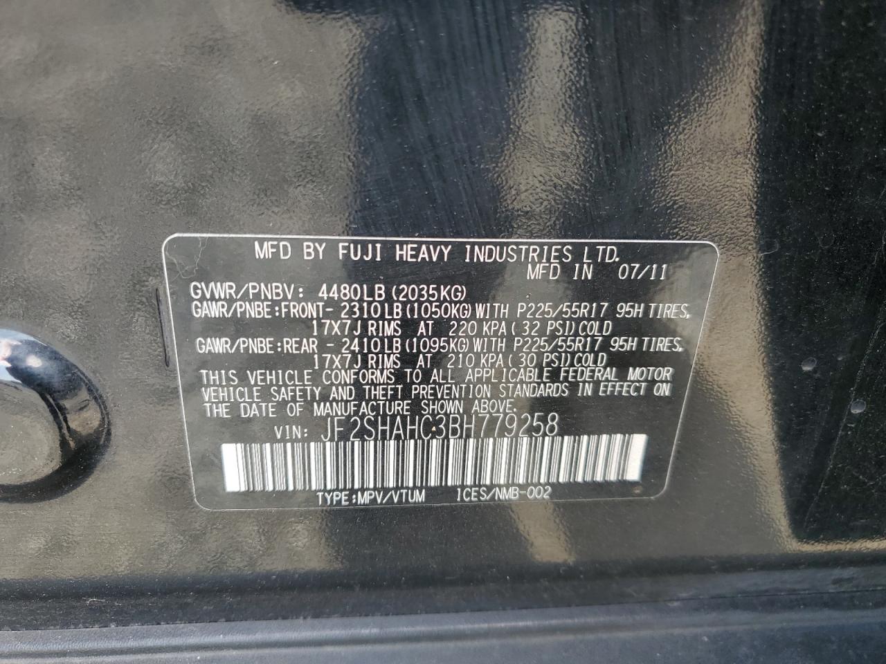 2011 Subaru Forester Touring VIN: JF2SHAHC3BH779258 Lot: 63585345