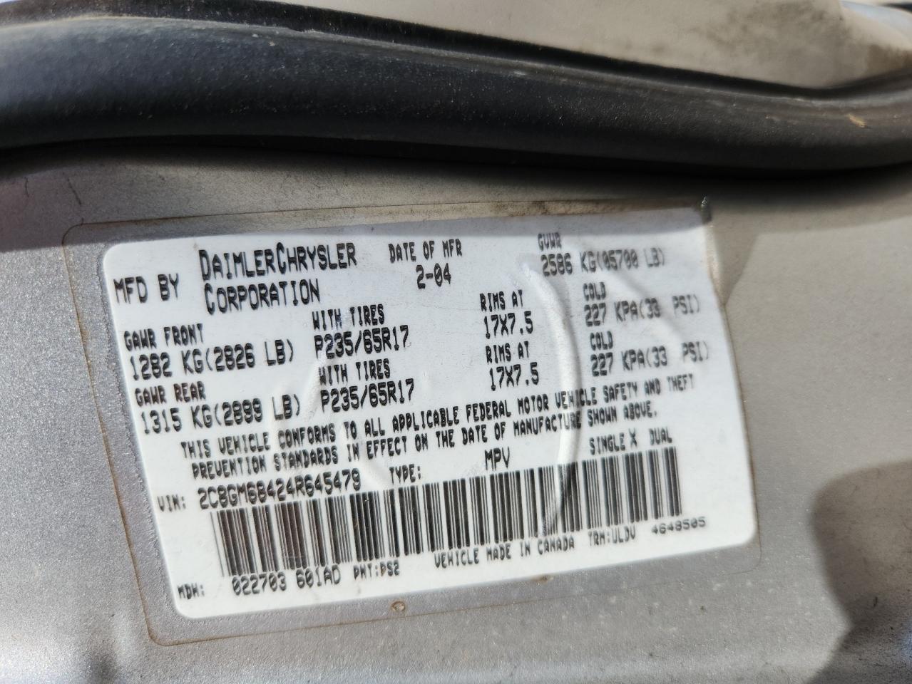 2004 Chrysler Pacifica VIN: 2C8GM68424R645479 Lot: 63827375