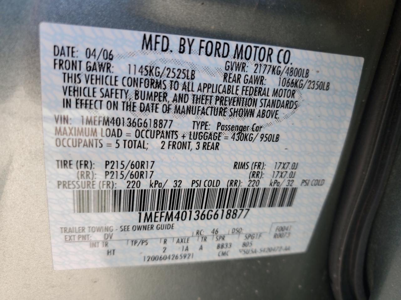 2006 Mercury Montego Luxury VIN: 1MEFM40136G618877 Lot: 63872615