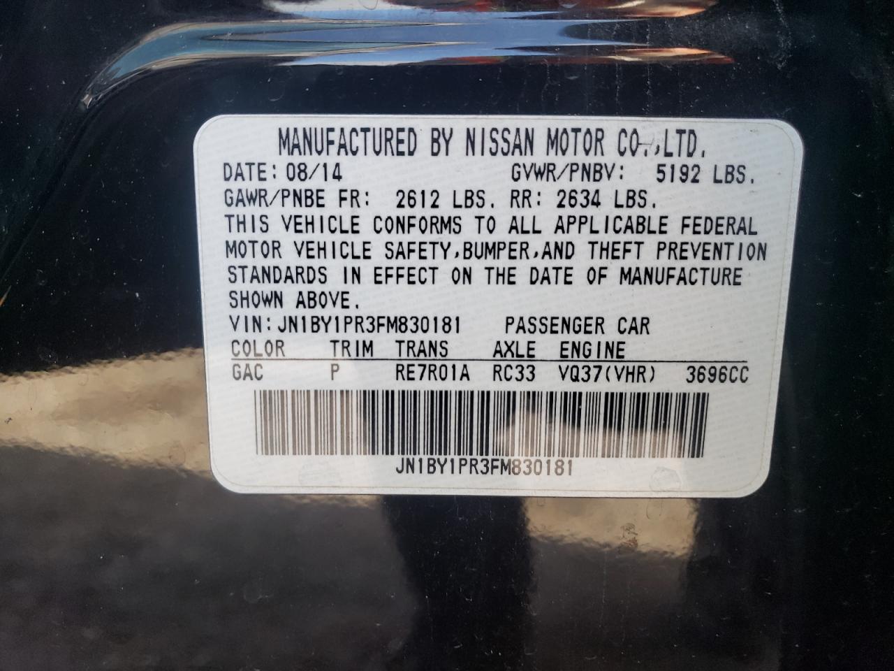 2015 Infiniti Q70L 3.7 VIN: JN1BY1PR3FM830181 Lot: 62858115