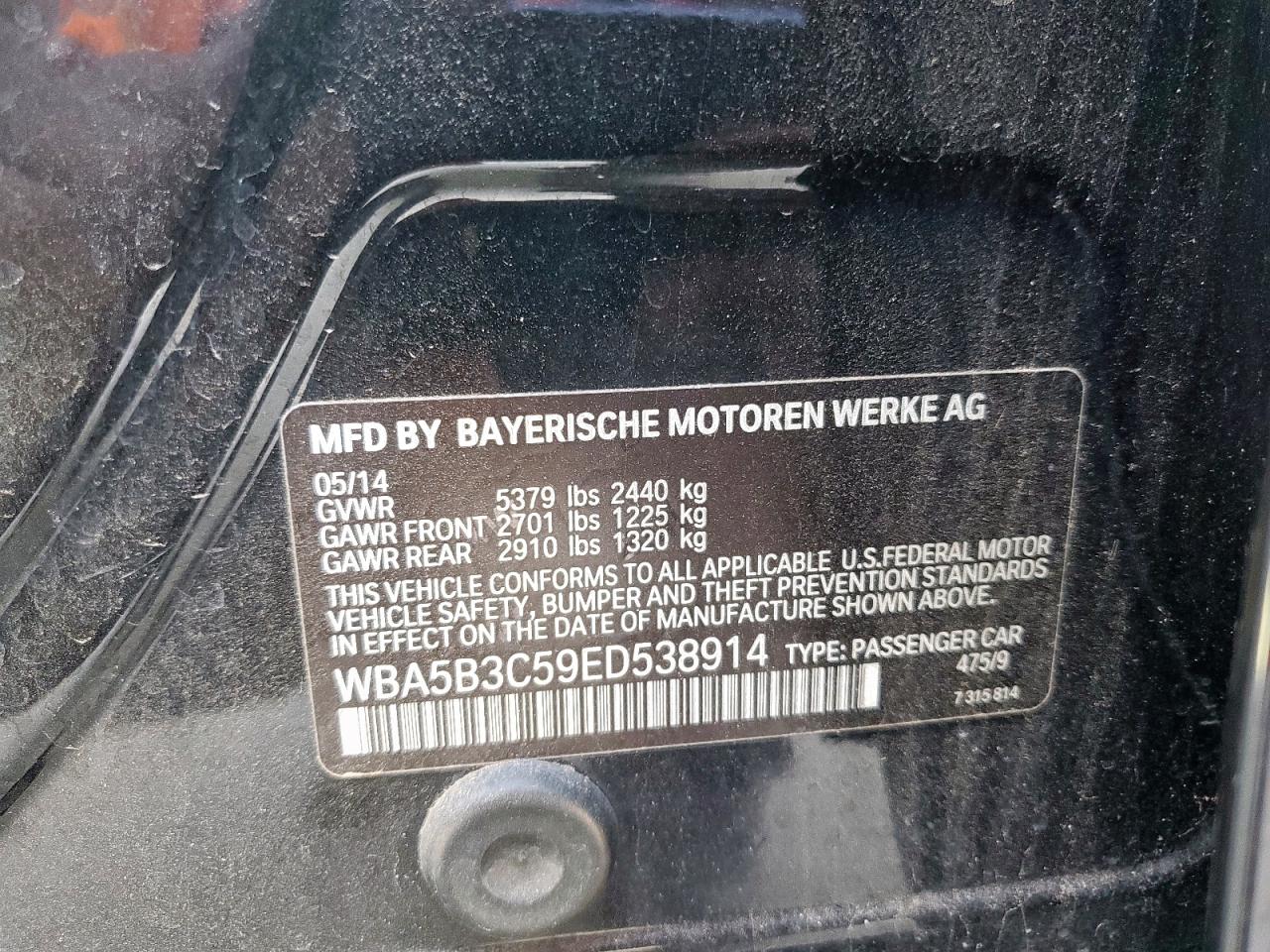 2014 BMW 535 Xi VIN: WBA5B3C59ED538914 Lot: 64793715