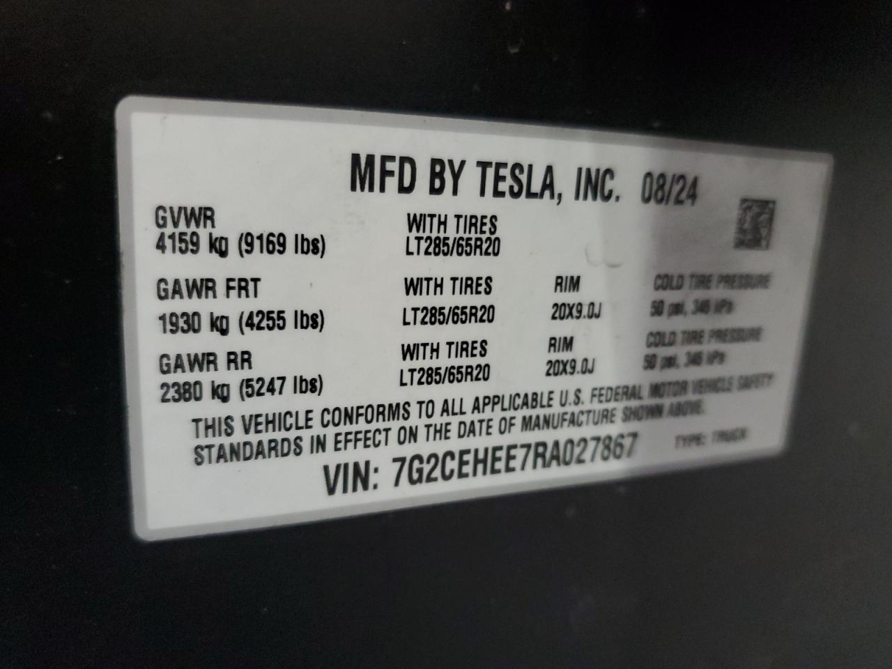 2024 Tesla Cybertruck VIN: 7G2CEHEE7RA027867 Lot: 65050765