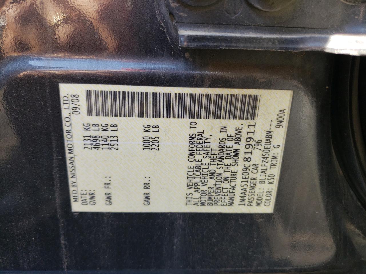 2009 Nissan Maxima S VIN: 1N4AA51E09C819911 Lot: 65653075