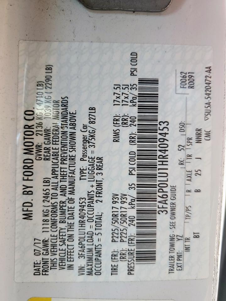 2017 Ford Fusion Se Hybrid VIN: 3FA6P0LU1HR409453 Lot: 66077825