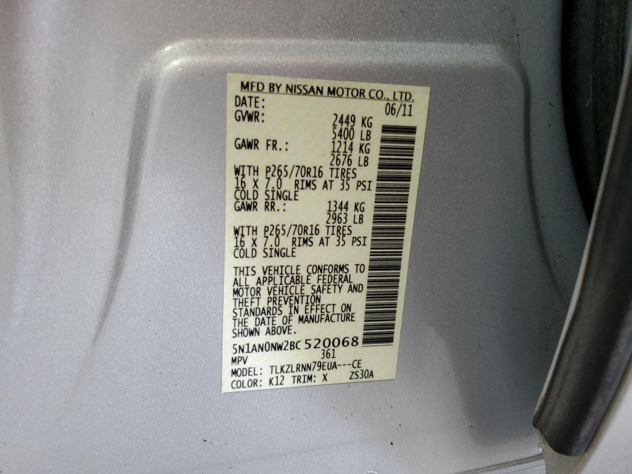 2011 Nissan Xterra Off Road VIN: 5N1AN0NW2BC520068 Lot: 65404745