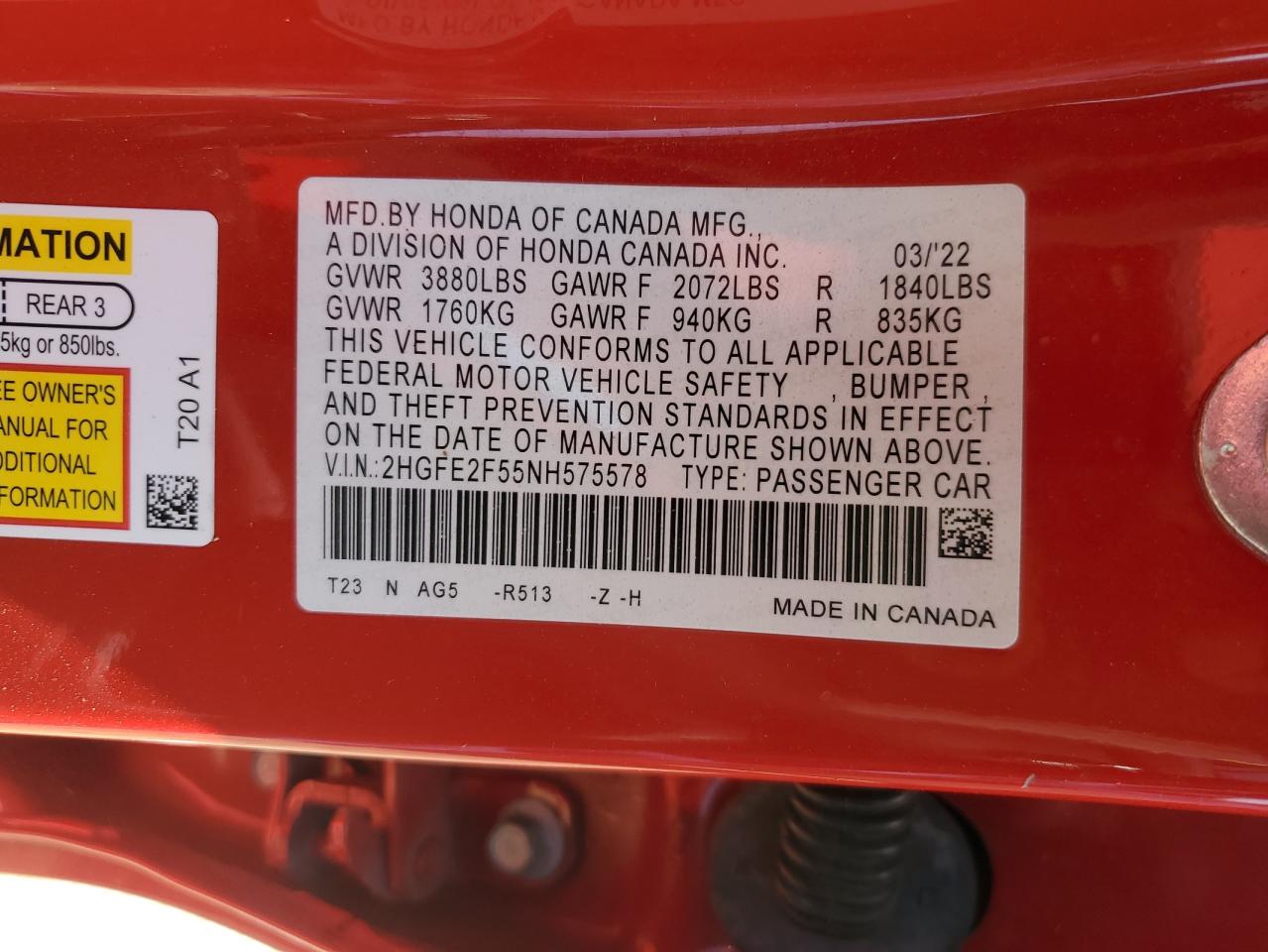 2022 Honda Civic Sport VIN: 2HGFE2F55NH575578 Lot: 65545105