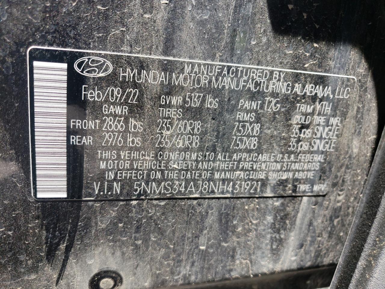 2022 Hyundai Santa Fe Sel VIN: 5NMS34AJ8NH431921 Lot: 64128685