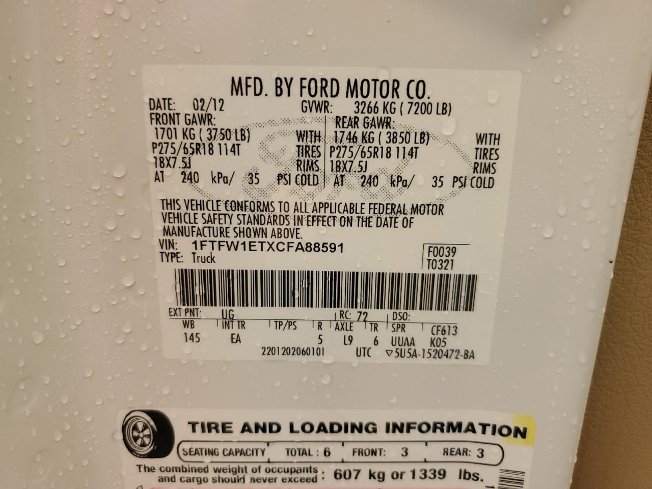 2012 Ford F150 Supercrew VIN: 1FTFW1ETXCFA88591 Lot: 62700345