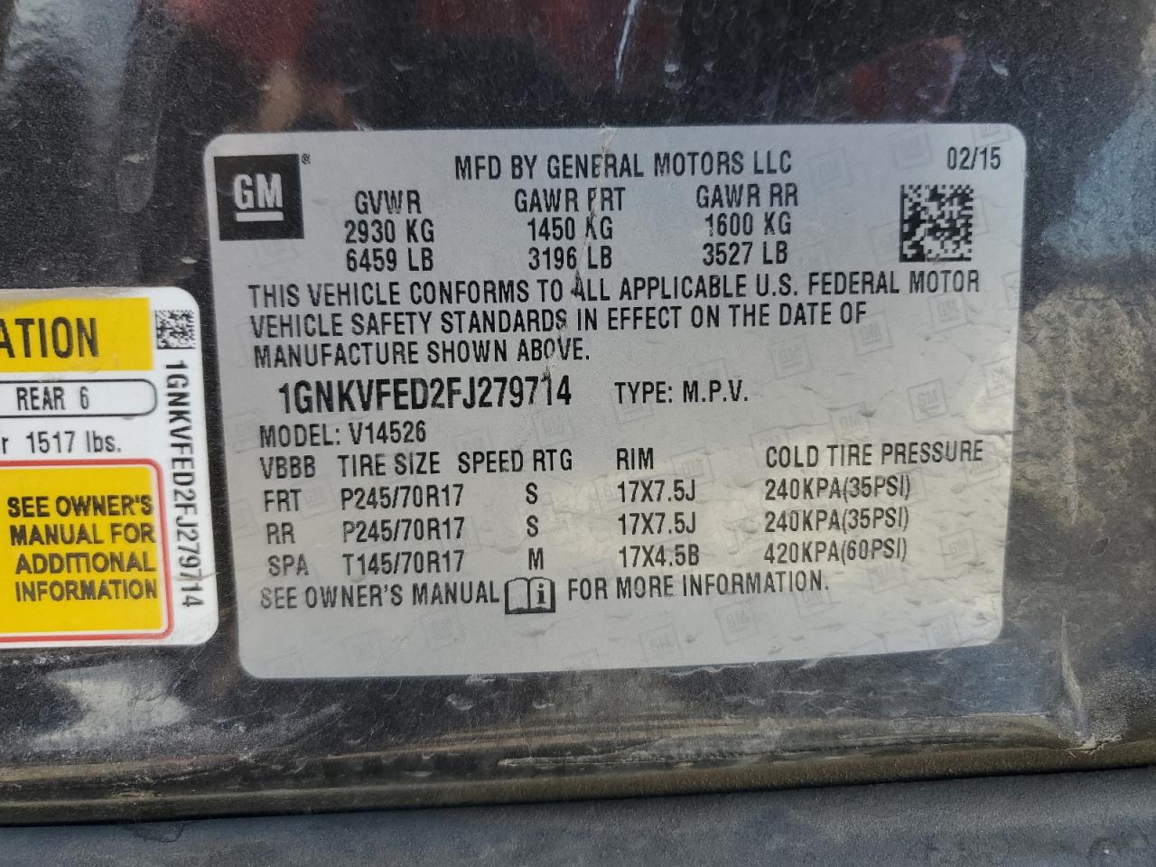 2015 Chevrolet Traverse Ls VIN: 1GNKVFED2FJ27914 Lot: 65241885