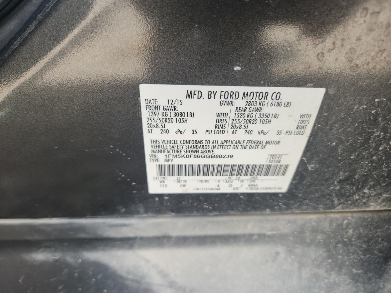2016 Ford Explorer Limited VIN: 1FM5K8F86GGB88239 Lot: 61654335