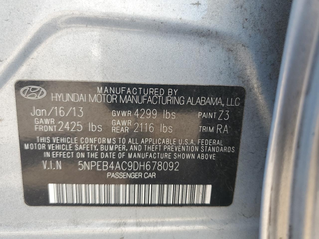2013 Hyundai Sonata Gls VIN: 5NPEB4AC9DH678092 Lot: 64196745