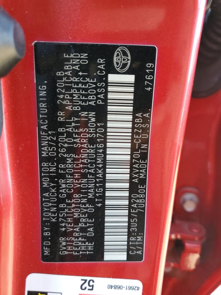 2021 Toyota Camry Se VIN: 4T1G11AK4MU461701 Lot: 64334085