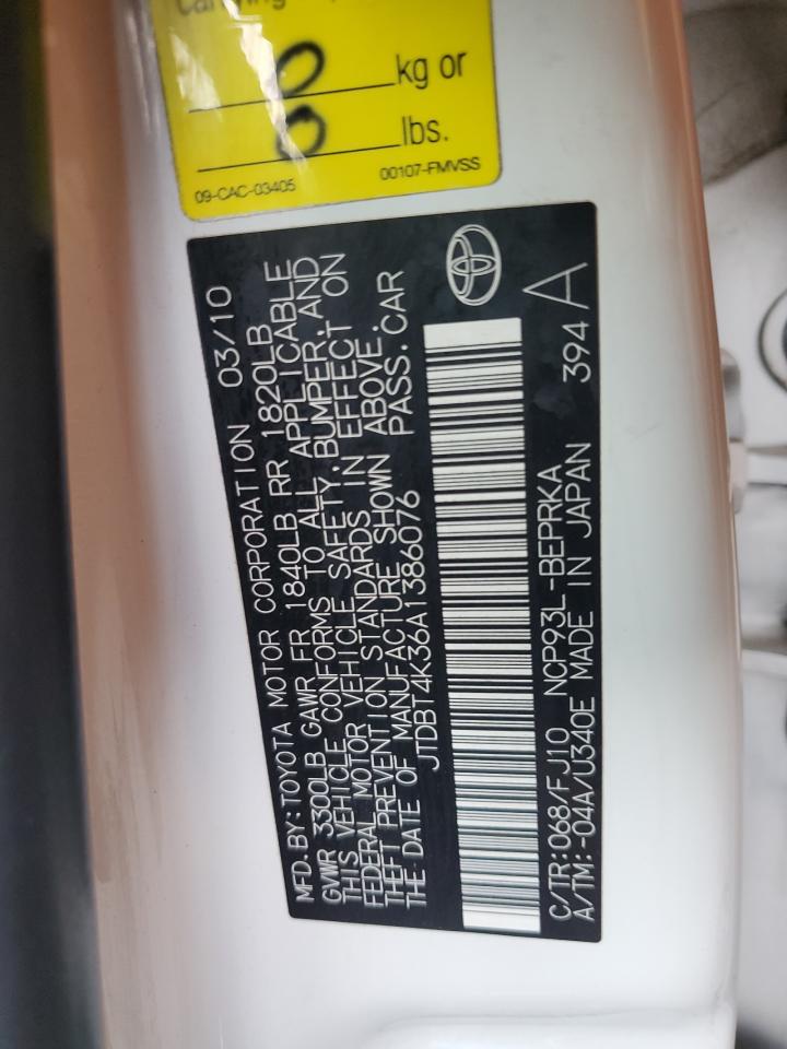 2010 Toyota Yaris VIN: JTDBT4K36A1386076 Lot: 64712145