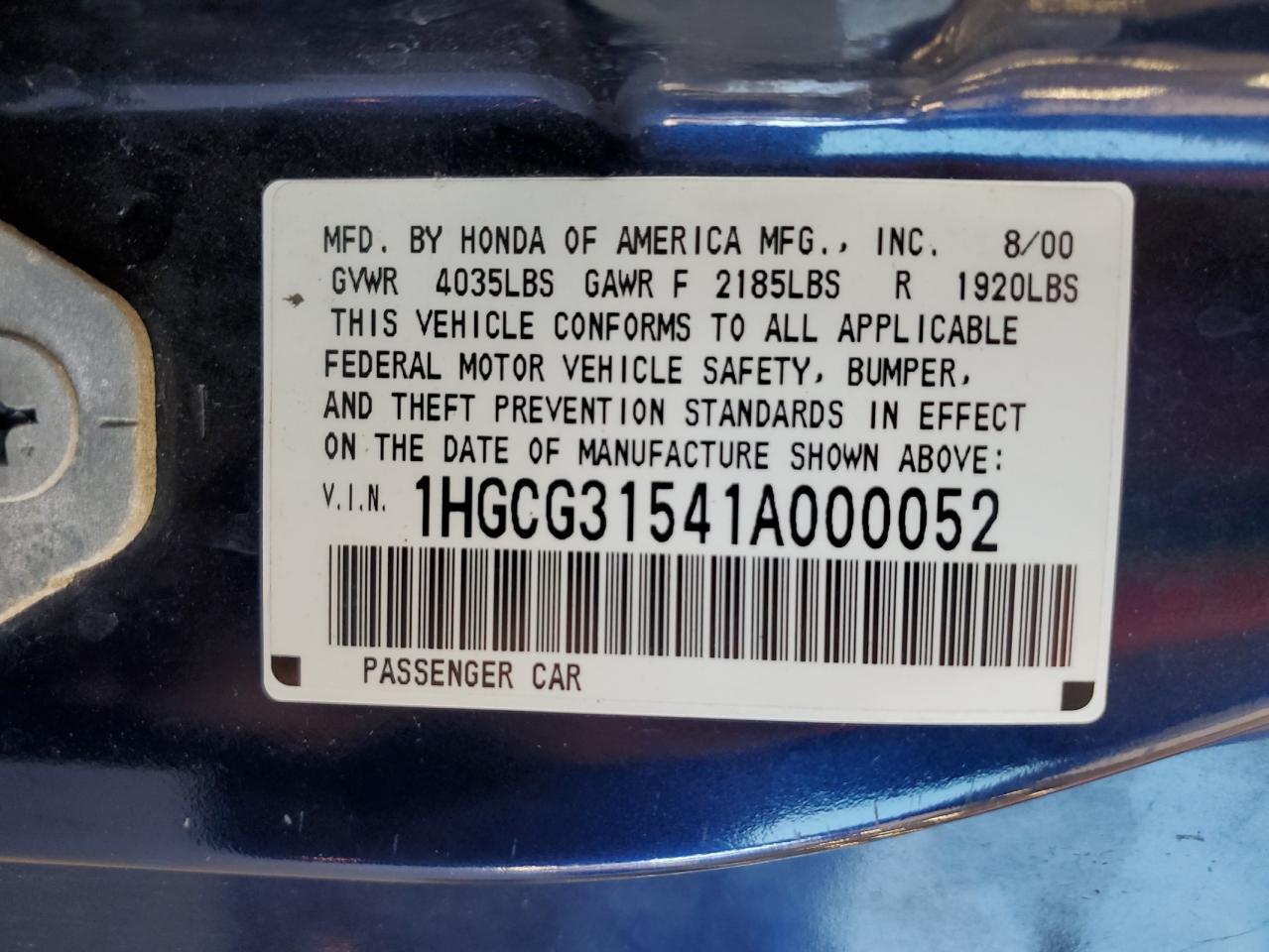 2001 Honda Accord Ex VIN: 1HGCG31541A000052 Lot: 62332175