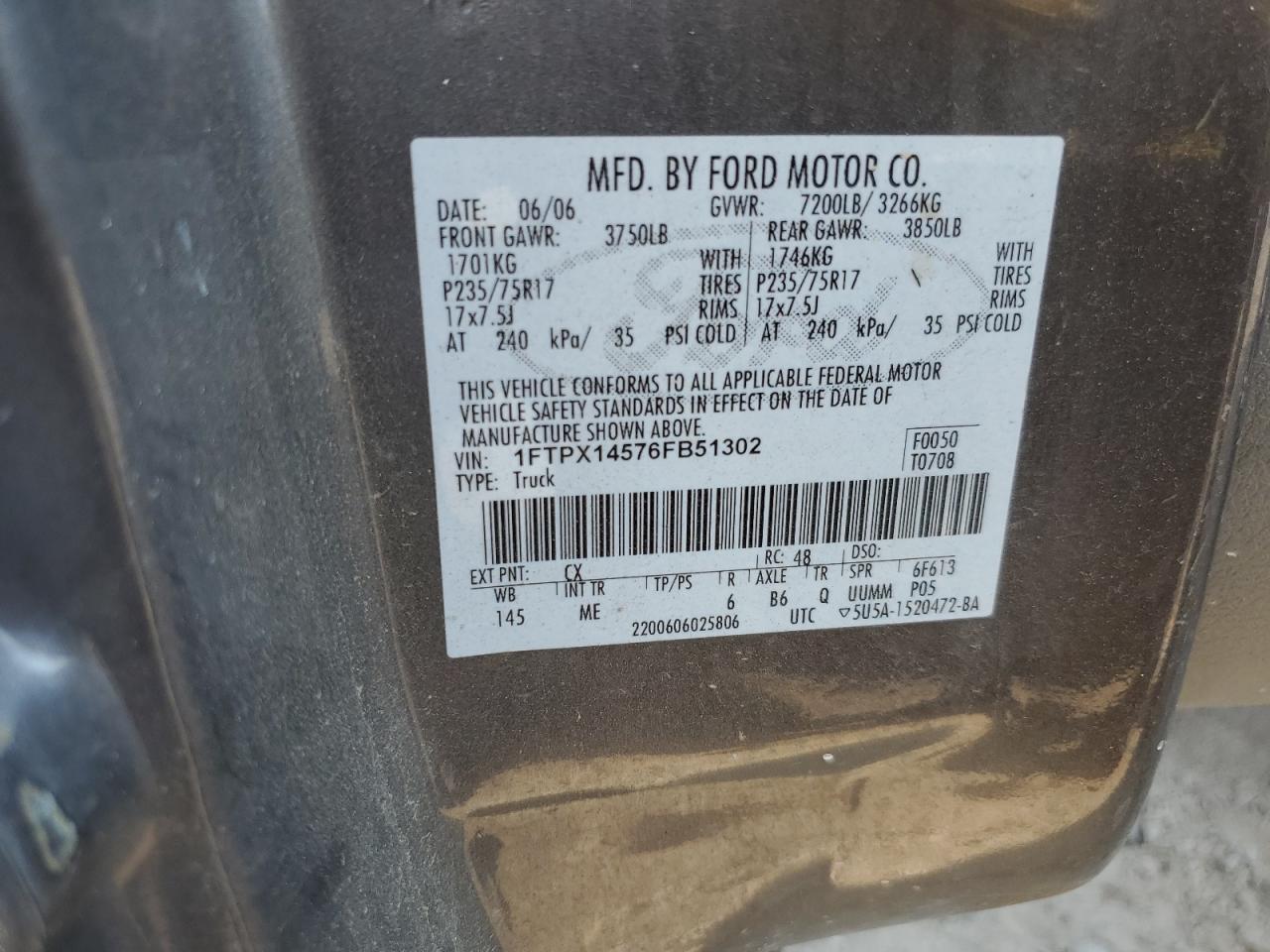 2006 Ford F150 VIN: 1FTPX14576FB51302 Lot: 63649415