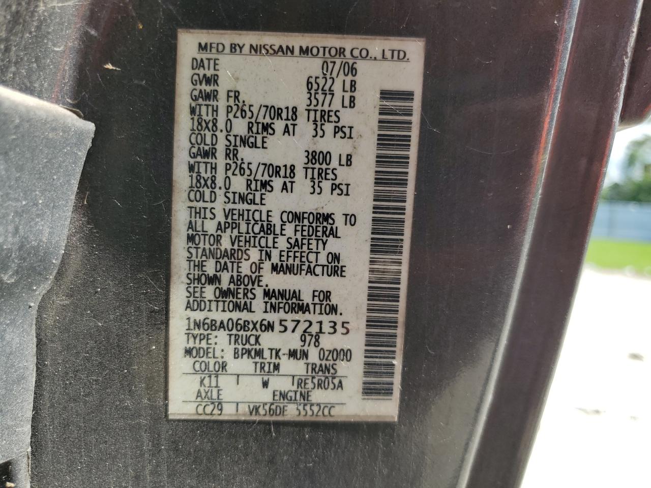 2006 Nissan Titan Xe VIN: 1N6BA06BX6N572135 Lot: 64582405