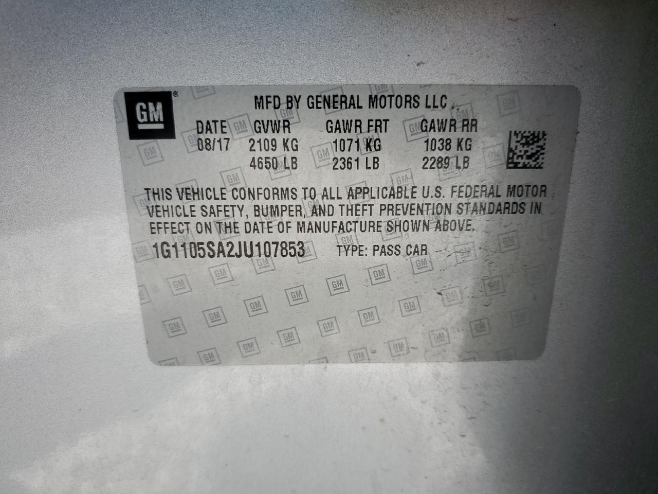 2018 Chevrolet Impala Lt VIN: 1G1105SA2JU107853 Lot: 66297045