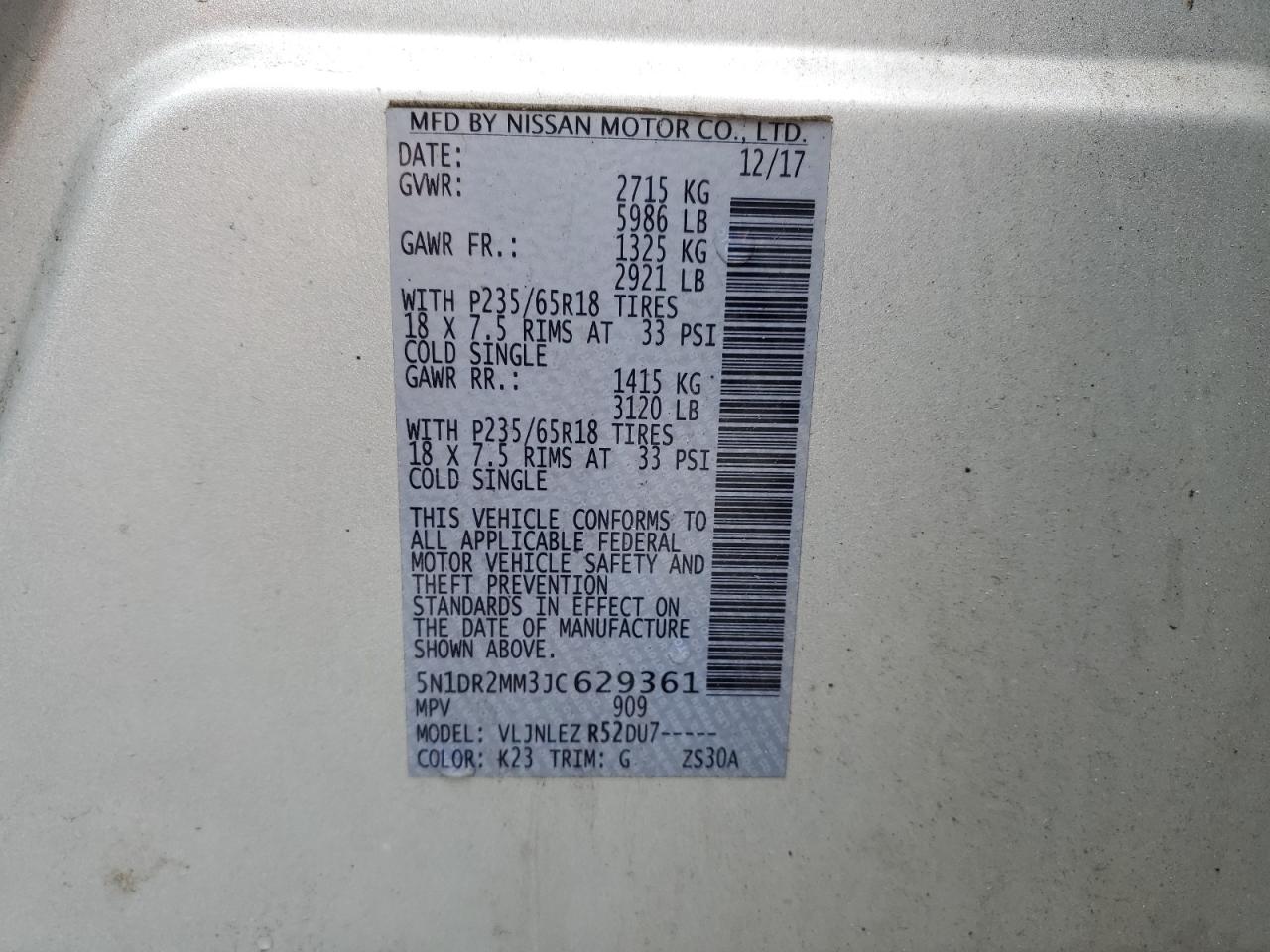 2018 Nissan Pathfinder S VIN: 5N1DR2MM3JC629361 Lot: 63489425