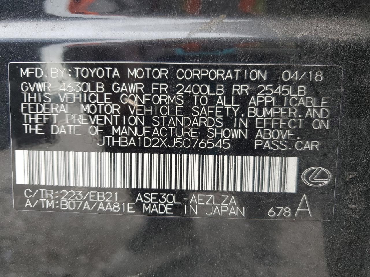 2018 Lexus Is 300 VIN: JTHBA1D2XJ5076545 Lot: 63296235