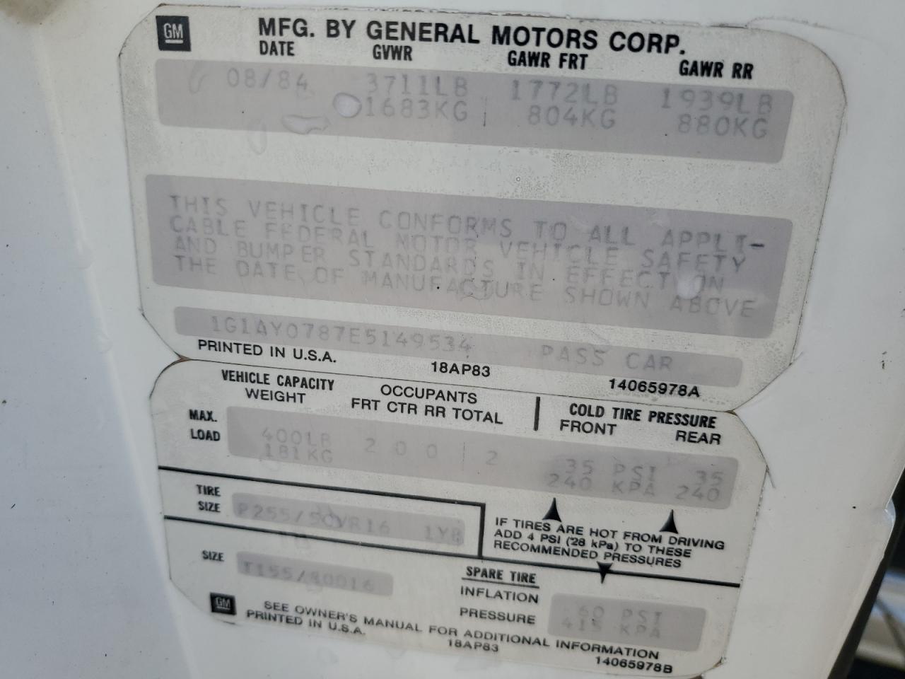 1984 Chevrolet Corvette VIN: 1G1AY0787E5149534 Lot: 63585735