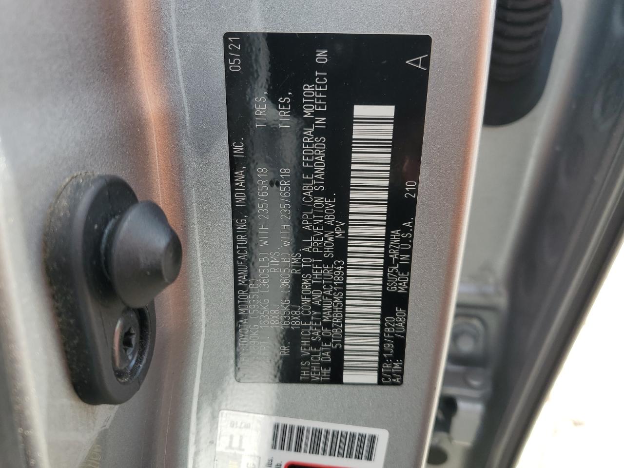 2021 Toyota Highlander L VIN: 5TDBZRBH5MS118943 Lot: 67005155