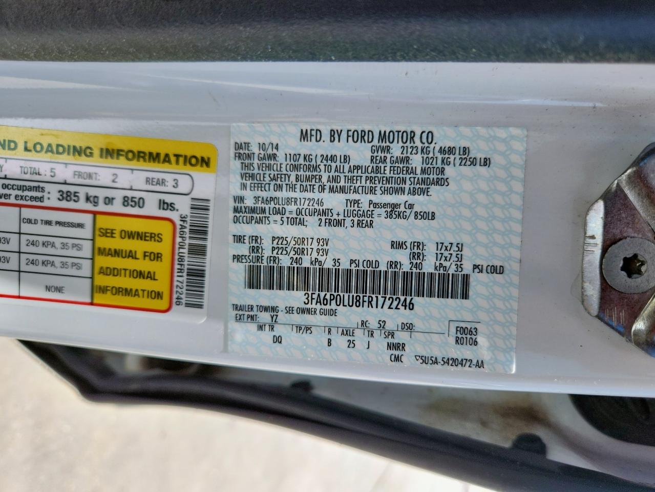 2015 Ford Fusion Se Hybrid VIN: 3FA6P0LU8FR172246 Lot: 65411805