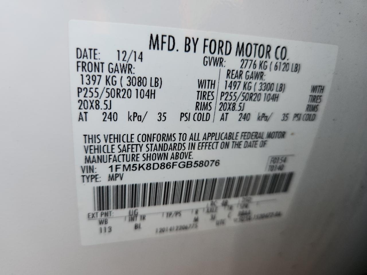 2015 Ford Explorer Xlt VIN: 1FM5K8D86FGB58076 Lot: 65060445