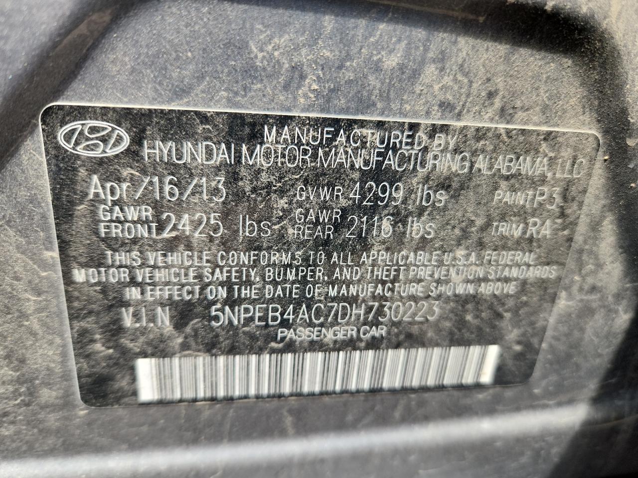 2013 Hyundai Sonata Gls VIN: 5NPEB4AC7DH730223 Lot: 65556015
