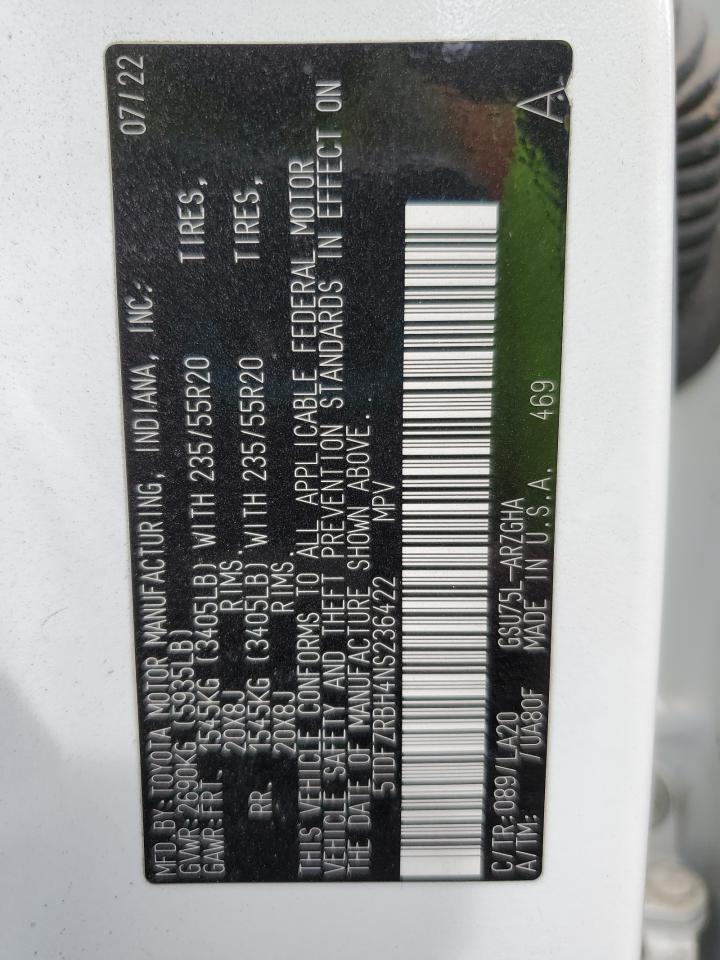 2022 Toyota Highlander Platinum VIN: 5TDFZRBH4NS236422 Lot: 64561635