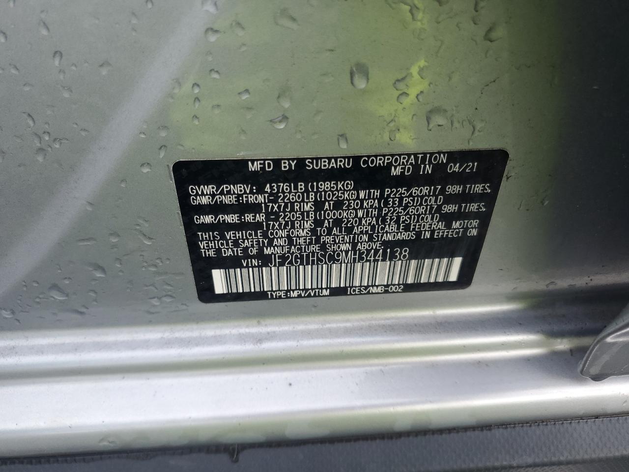 2021 Subaru Crosstrek Sport VIN: JF2GTHSC9MH344138 Lot: 64376795