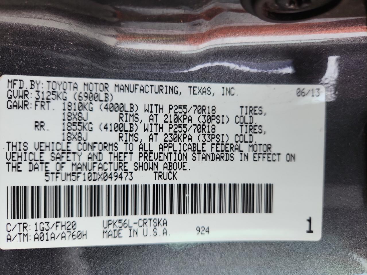 2013 Toyota Tundra Double Cab Sr5 VIN: 5TFUM5F10DX049473 Lot: 64551375