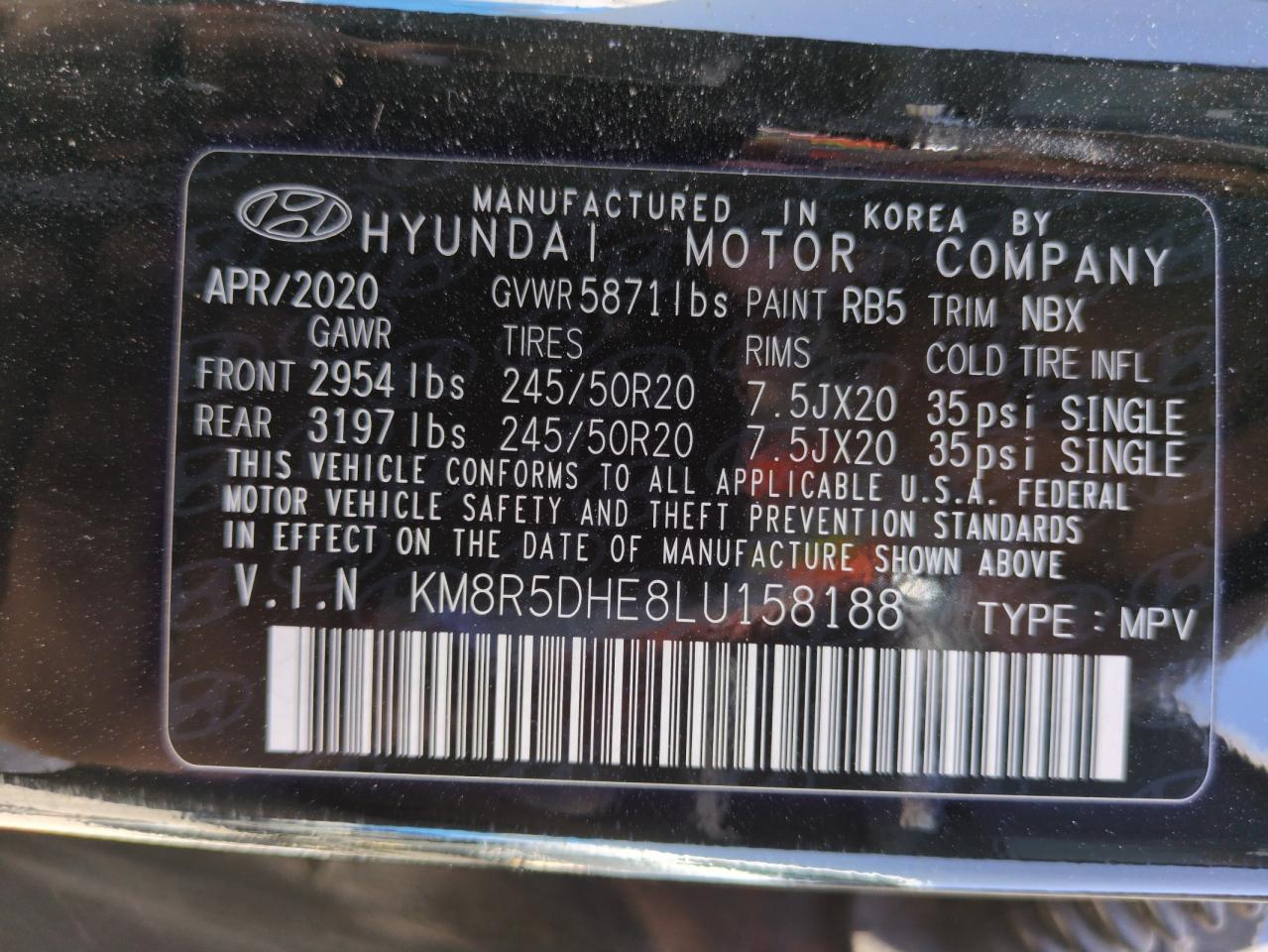 2020 Hyundai Palisade Limited VIN: KM8R5DHE8LU158188 Lot: 63253465