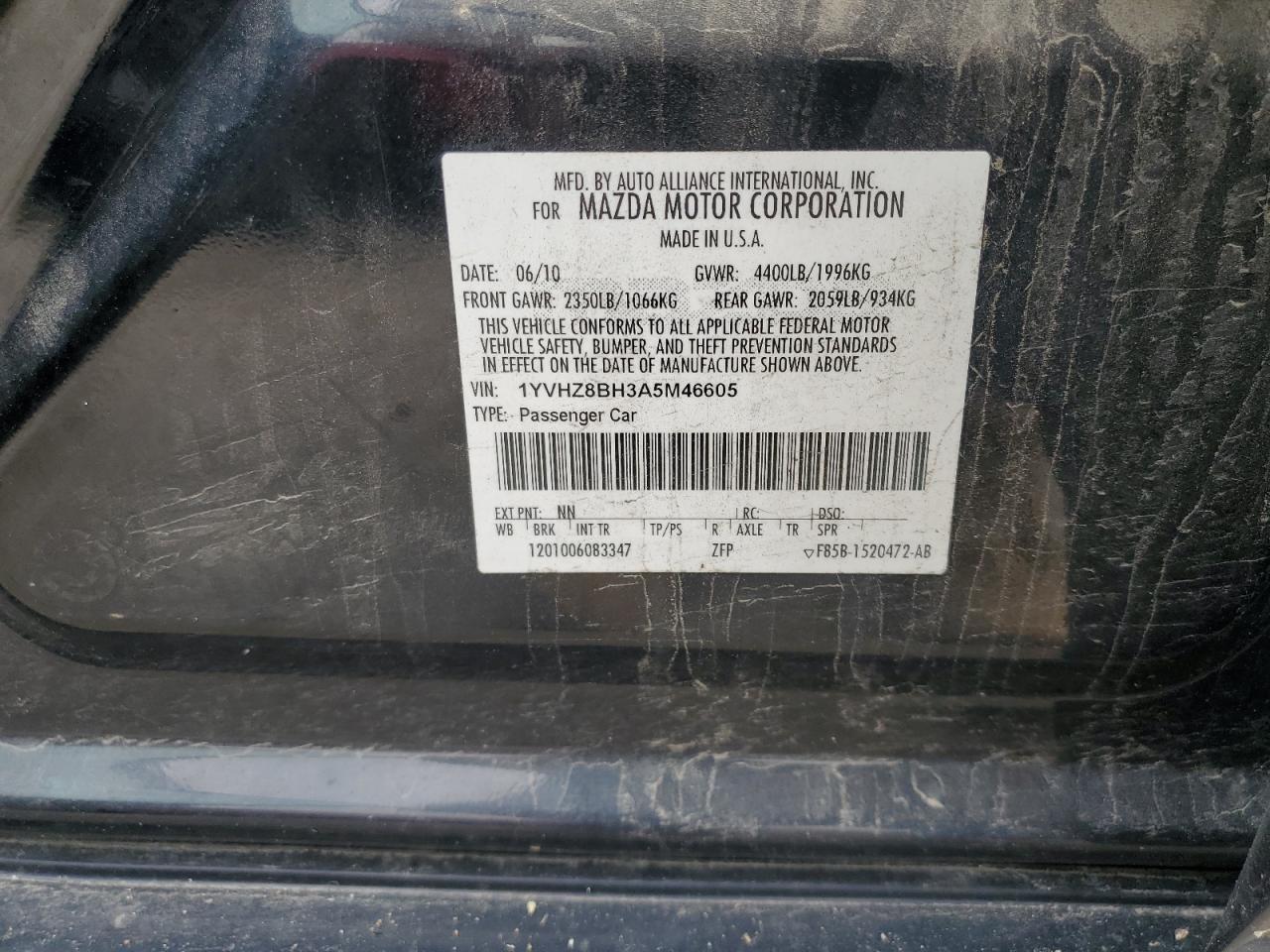 2010 Mazda 6 I VIN: 1YVHZ8BH3A5M46605 Lot: 63904035