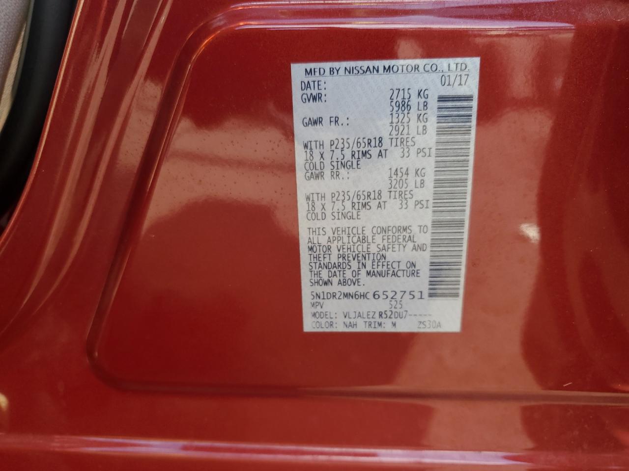 2017 Nissan Pathfinder S VIN: 5N1DR2MN6HC652751 Lot: 67221035