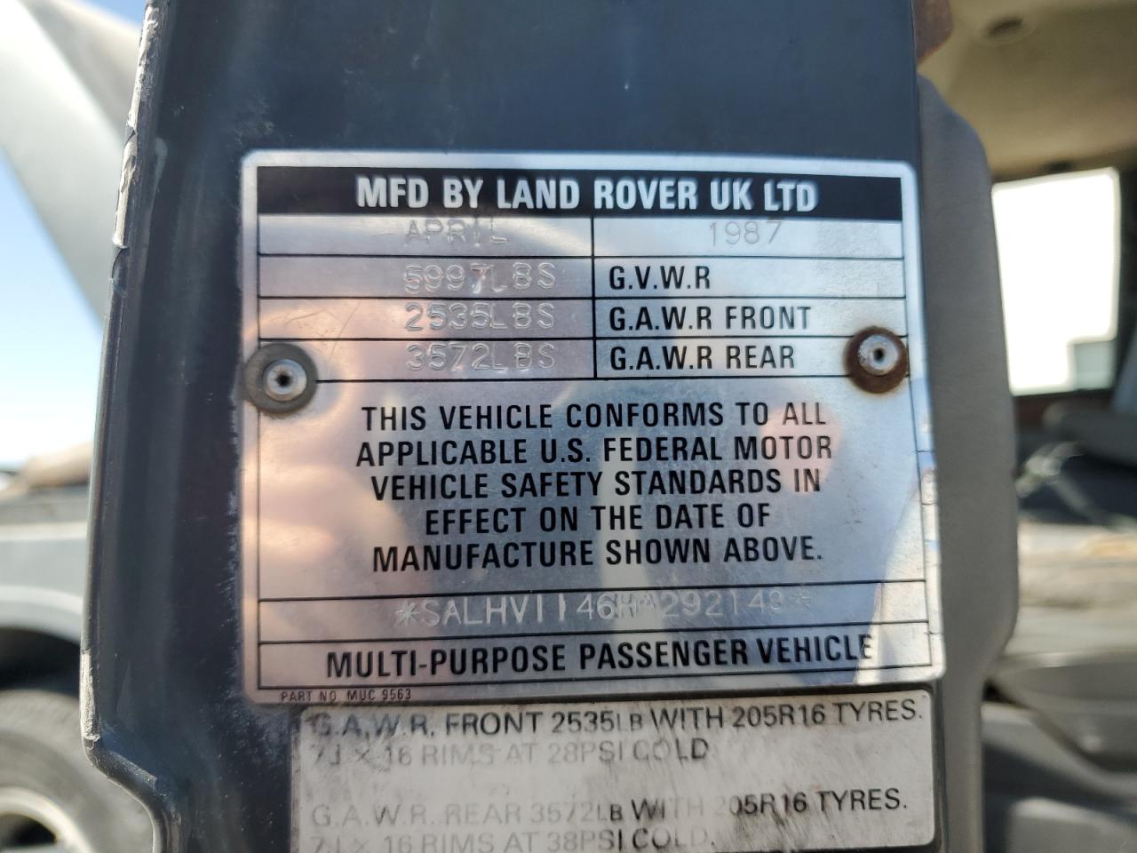 SALHV1146HA292148 1987 Land Rover Range Rover