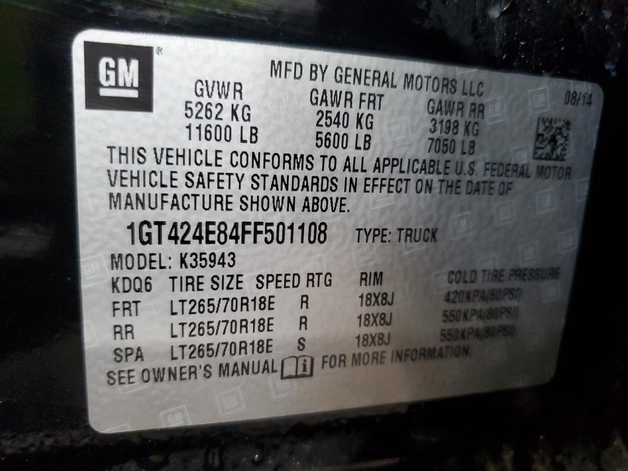 2015 GMC Sierra K3500 Denali VIN: 1GT424E84FF501108 Lot: 64259325