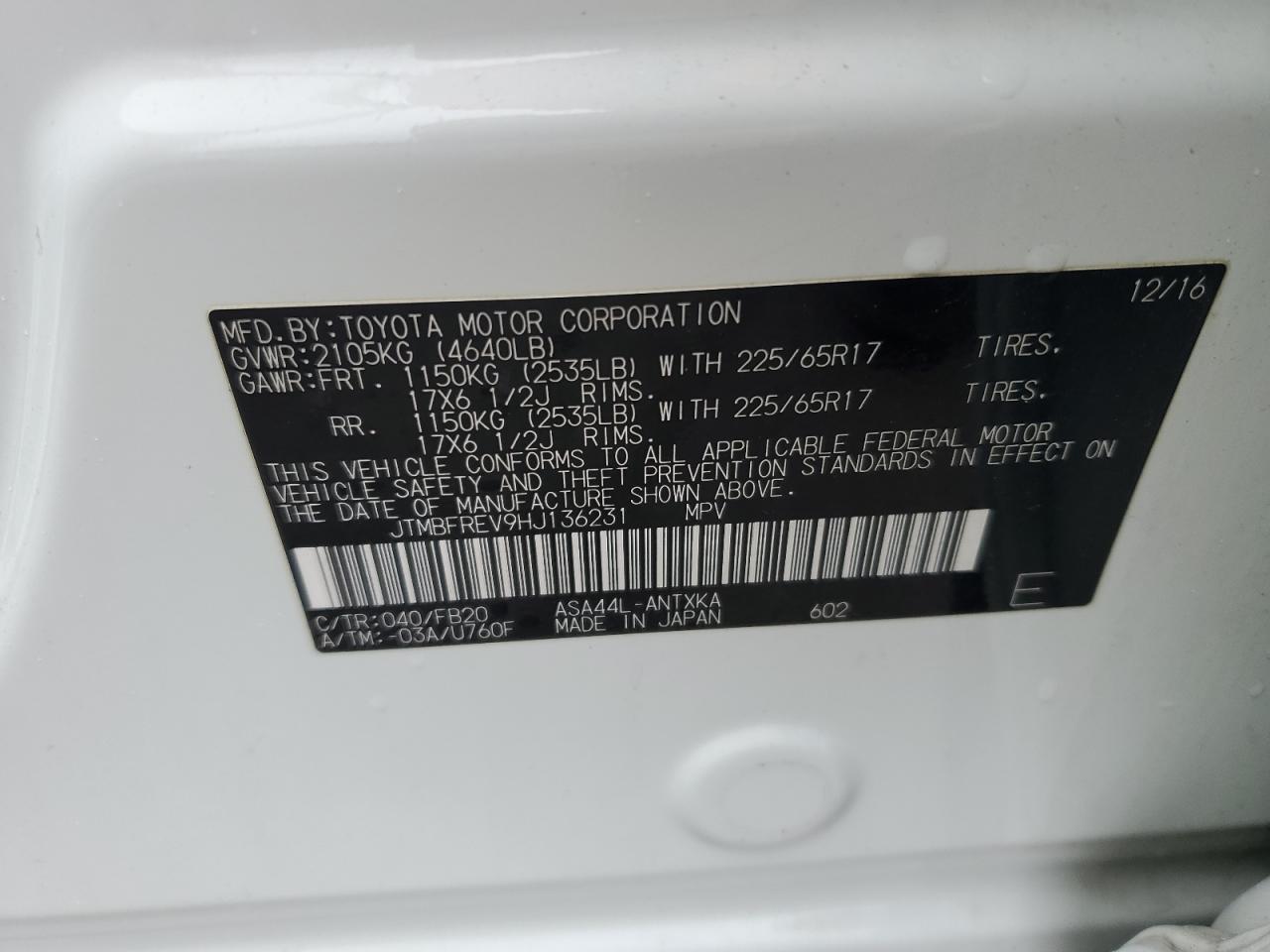 2017 Toyota Rav4 Le VIN: JTMBFREV9HJ136231 Lot: 66498545