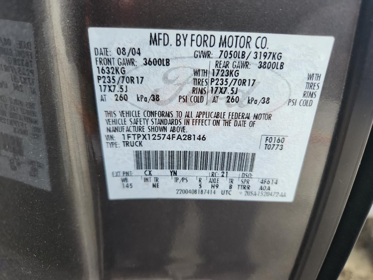 2004 Ford F150 VIN: 1FTPX12574FA28146 Lot: 65123945
