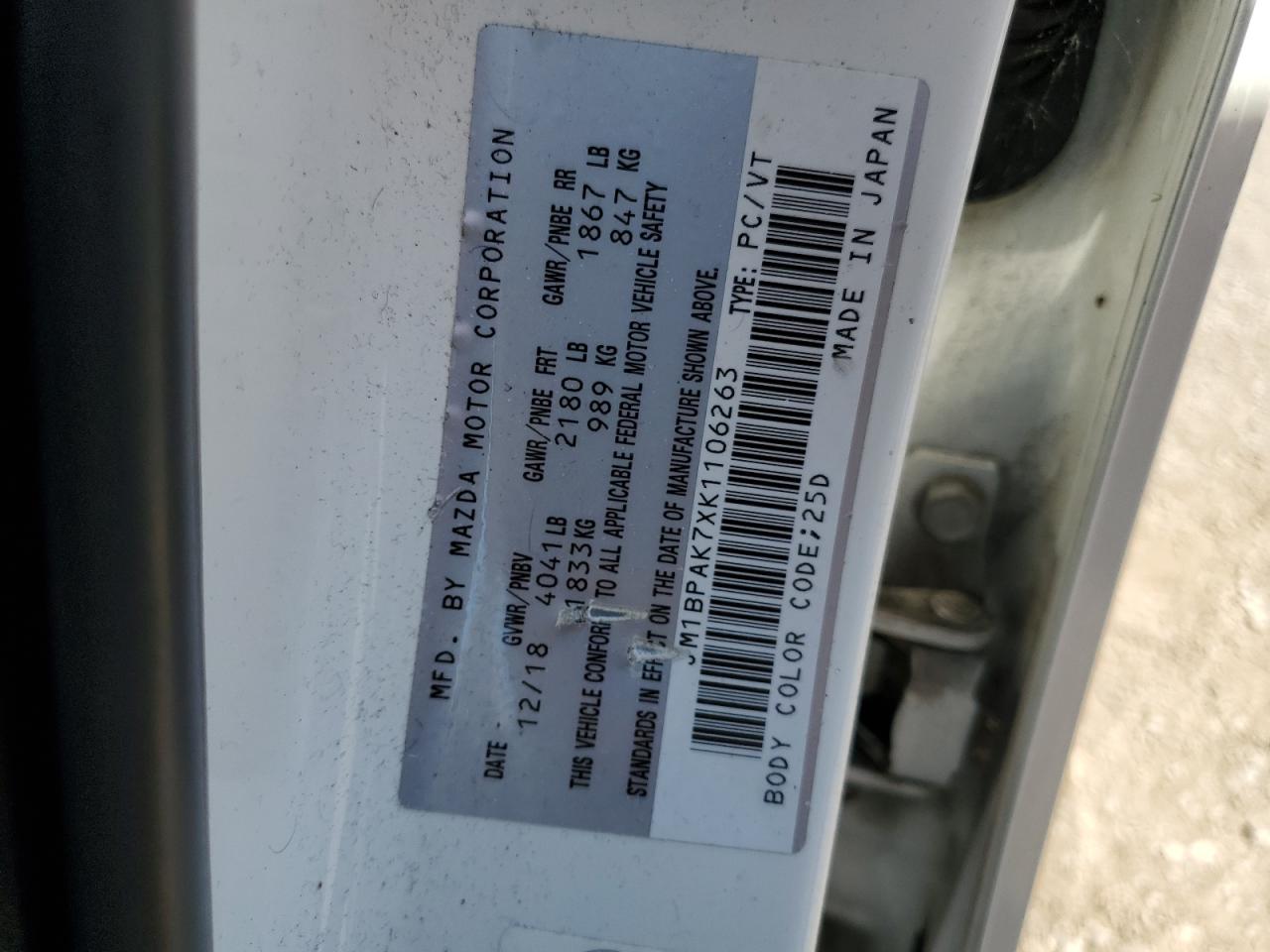 2019 Mazda 3 Gx VIN: JM1BPAK7XK1106263 Lot: 66665875