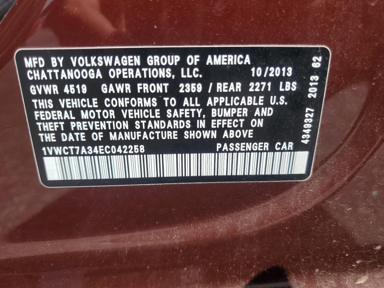 2014 Volkswagen Passat Sel VIN: 1VWCT7A34EC042258 Lot: 64764455