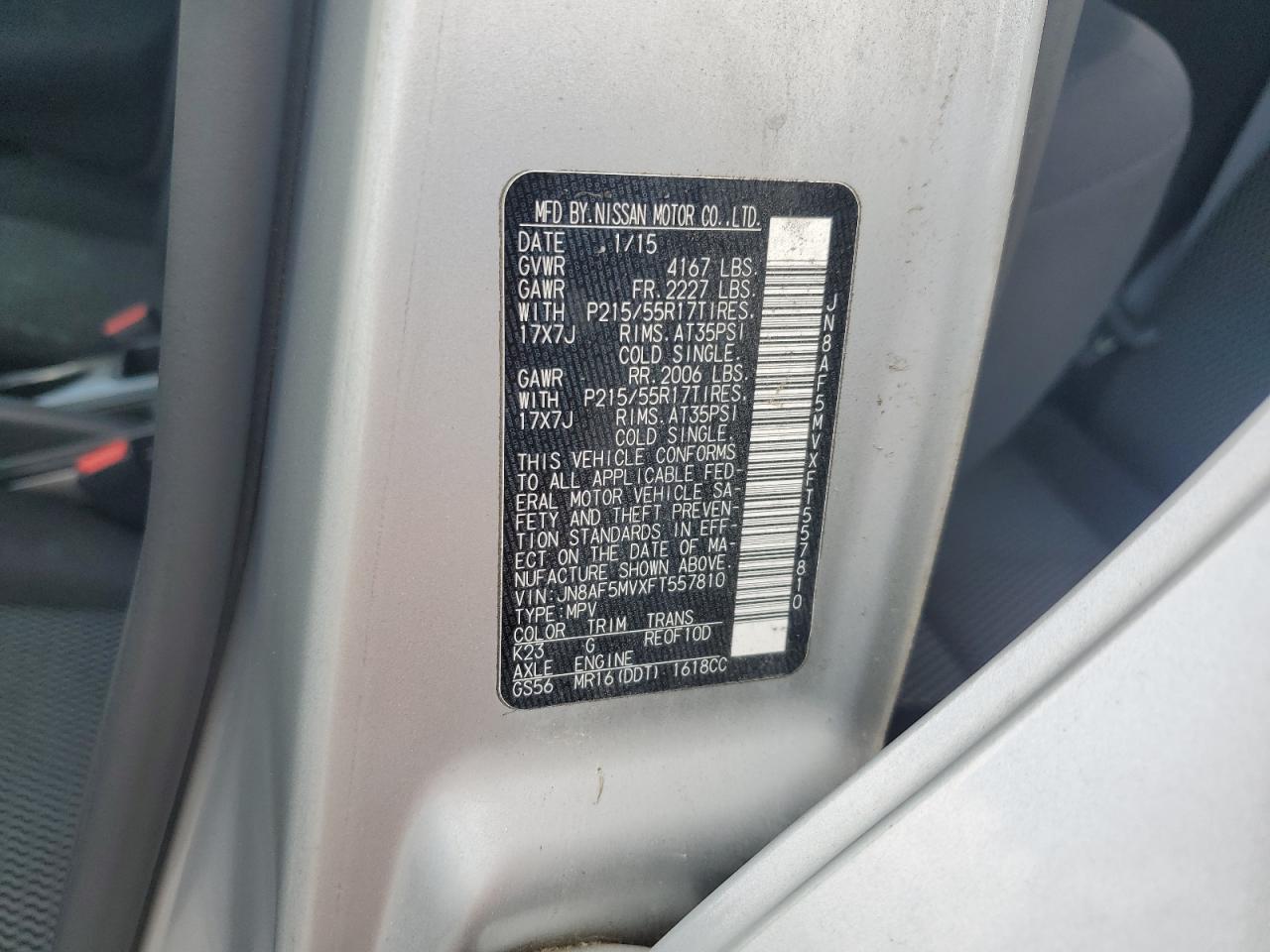 2015 Nissan Juke S VIN: JN8AF5MVXFT557810 Lot: 63036525