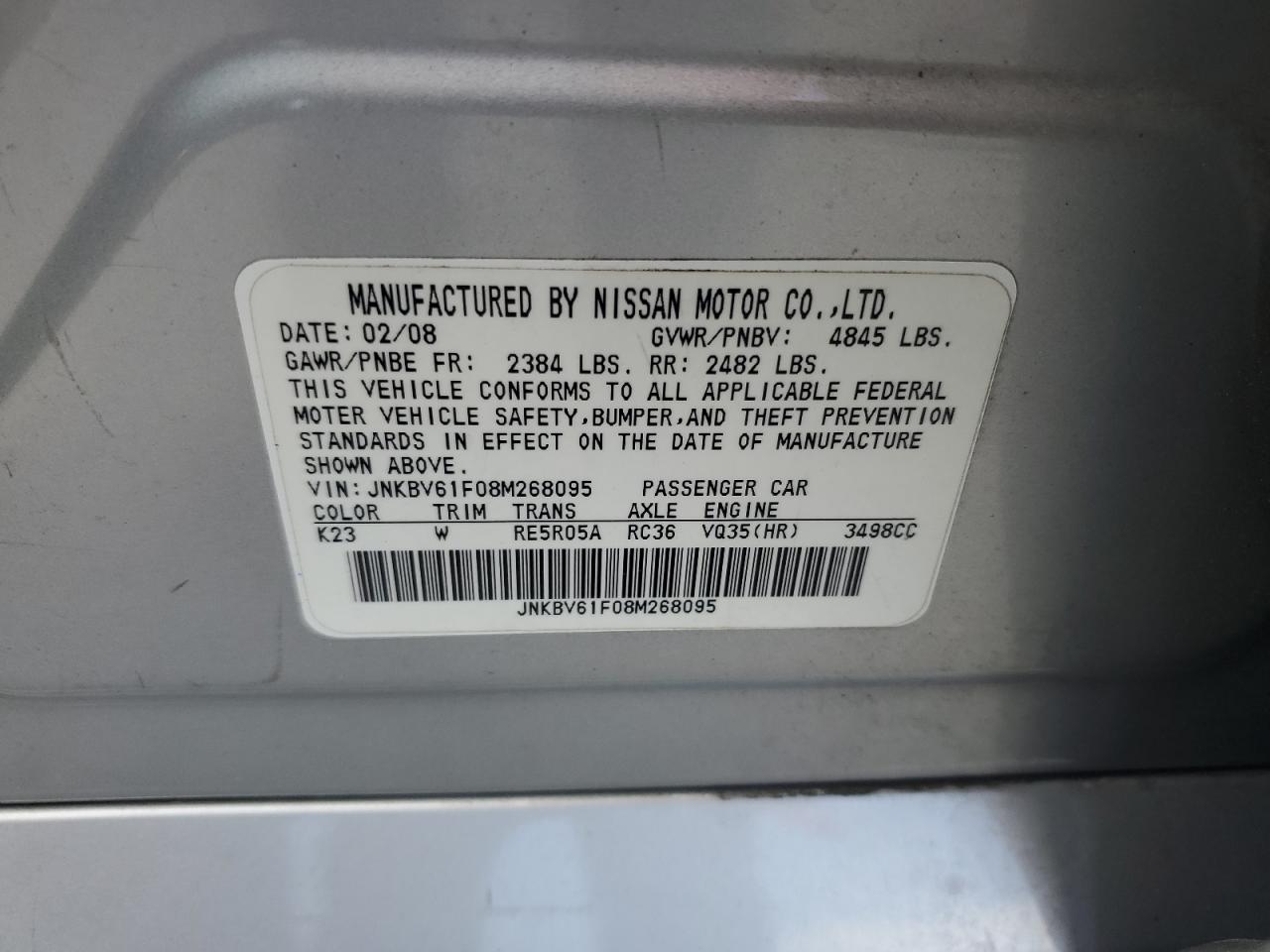 2008 Infiniti G35 VIN: JNKBV61F08M268095 Lot: 62829825