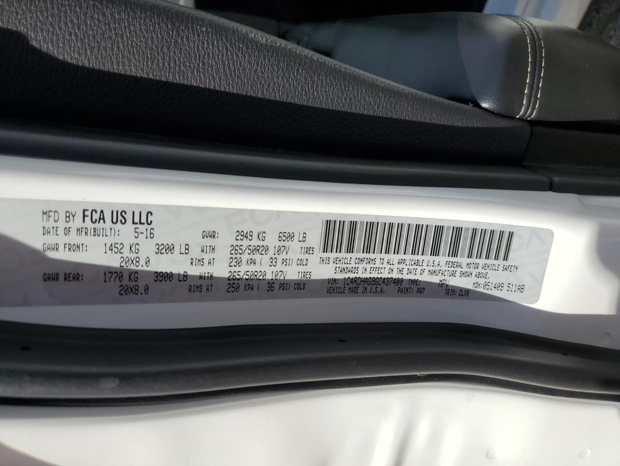 2016 Dodge Durango Sxt VIN: 1C4RDHAG9GC437400 Lot: 64128795