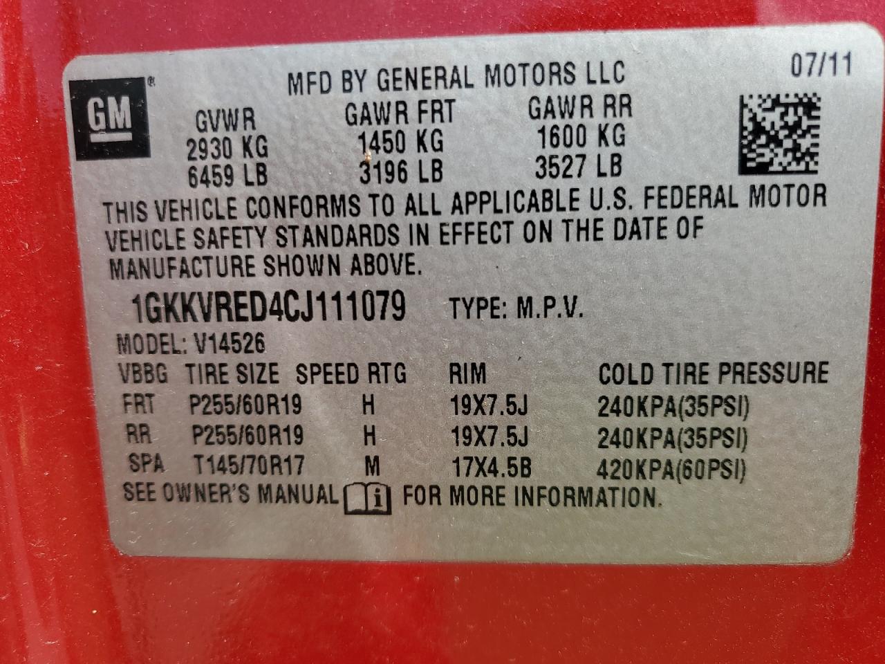 2012 GMC Acadia Slt-1 VIN: 1GKKVRED4CJ111079 Lot: 65062615