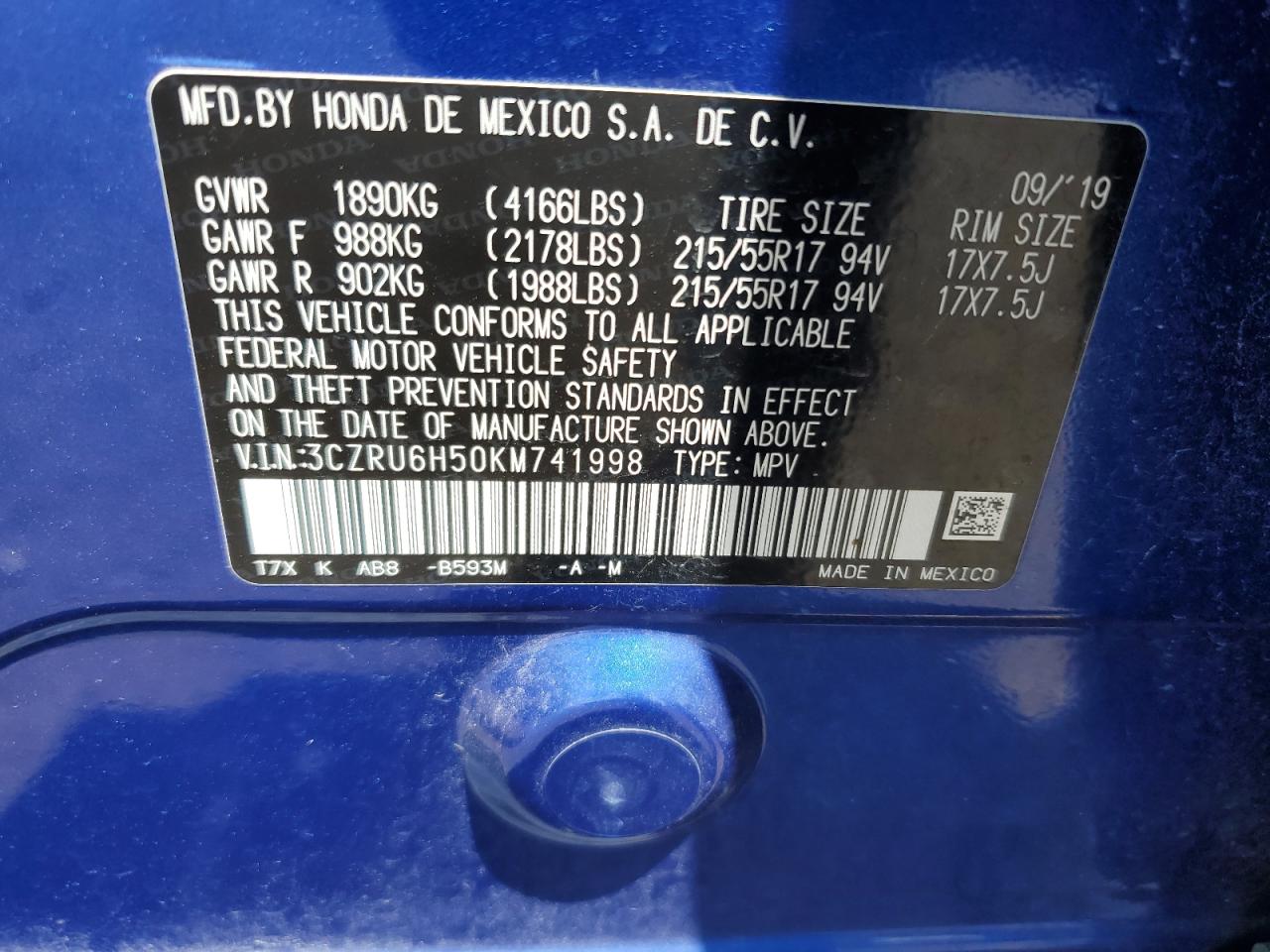 2019 Honda Hr-V Ex VIN: 3CZRU6H50KM741998 Lot: 64855935