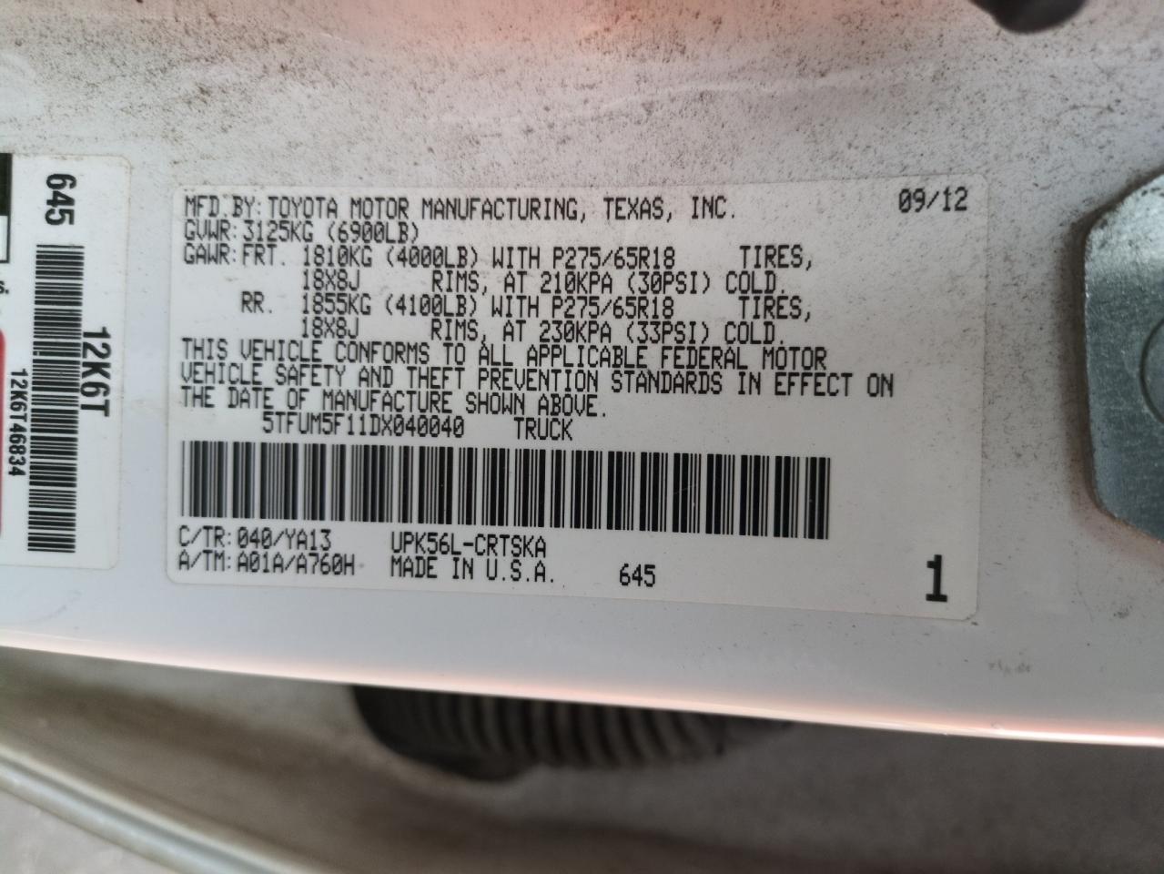 2013 Toyota Tundra Double Cab Sr5 VIN: 5TFUM5F11DX040040 Lot: 65193115