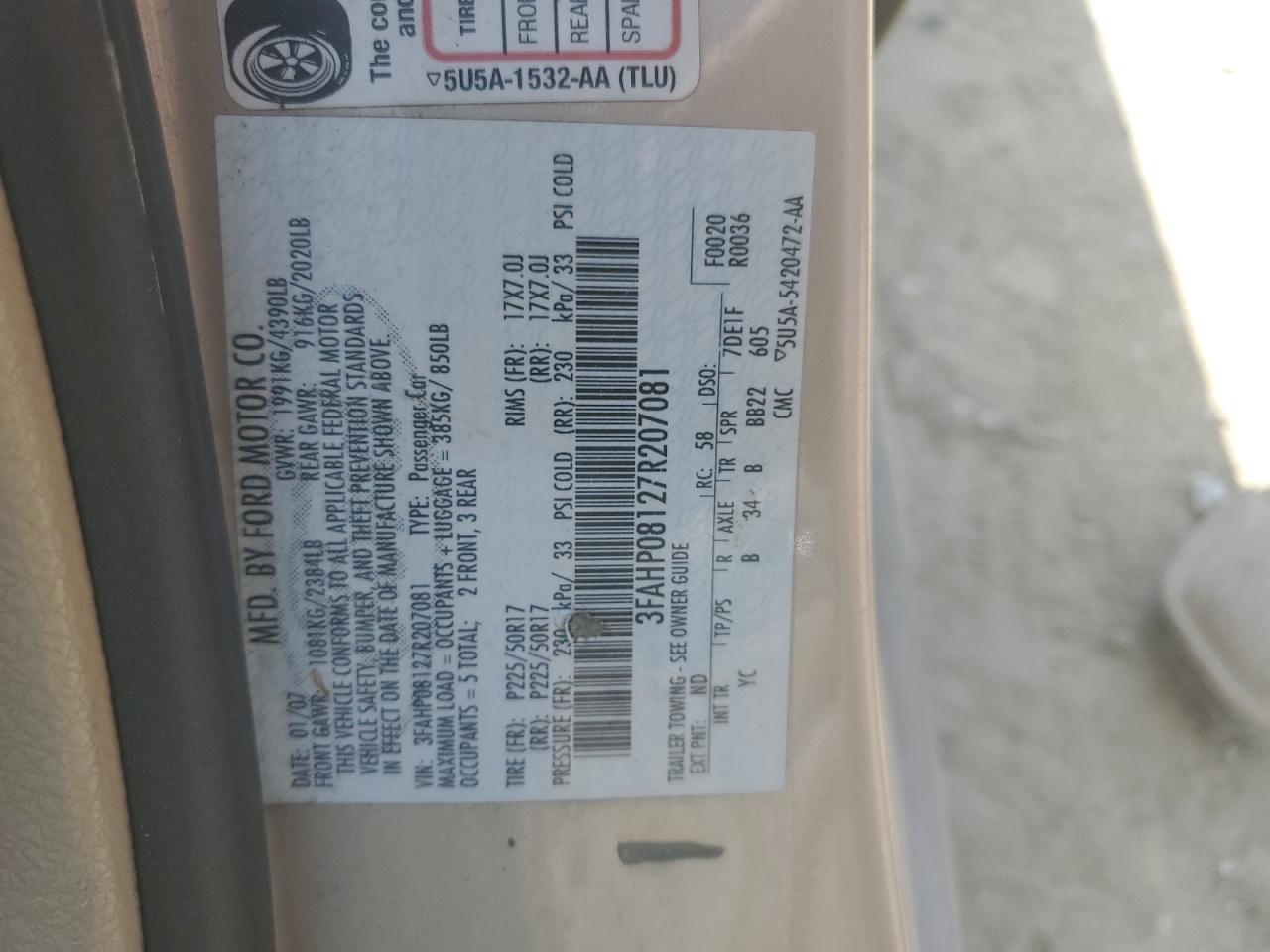 2007 Ford Fusion Sel VIN: 3FAHP08127R207081 Lot: 64317135
